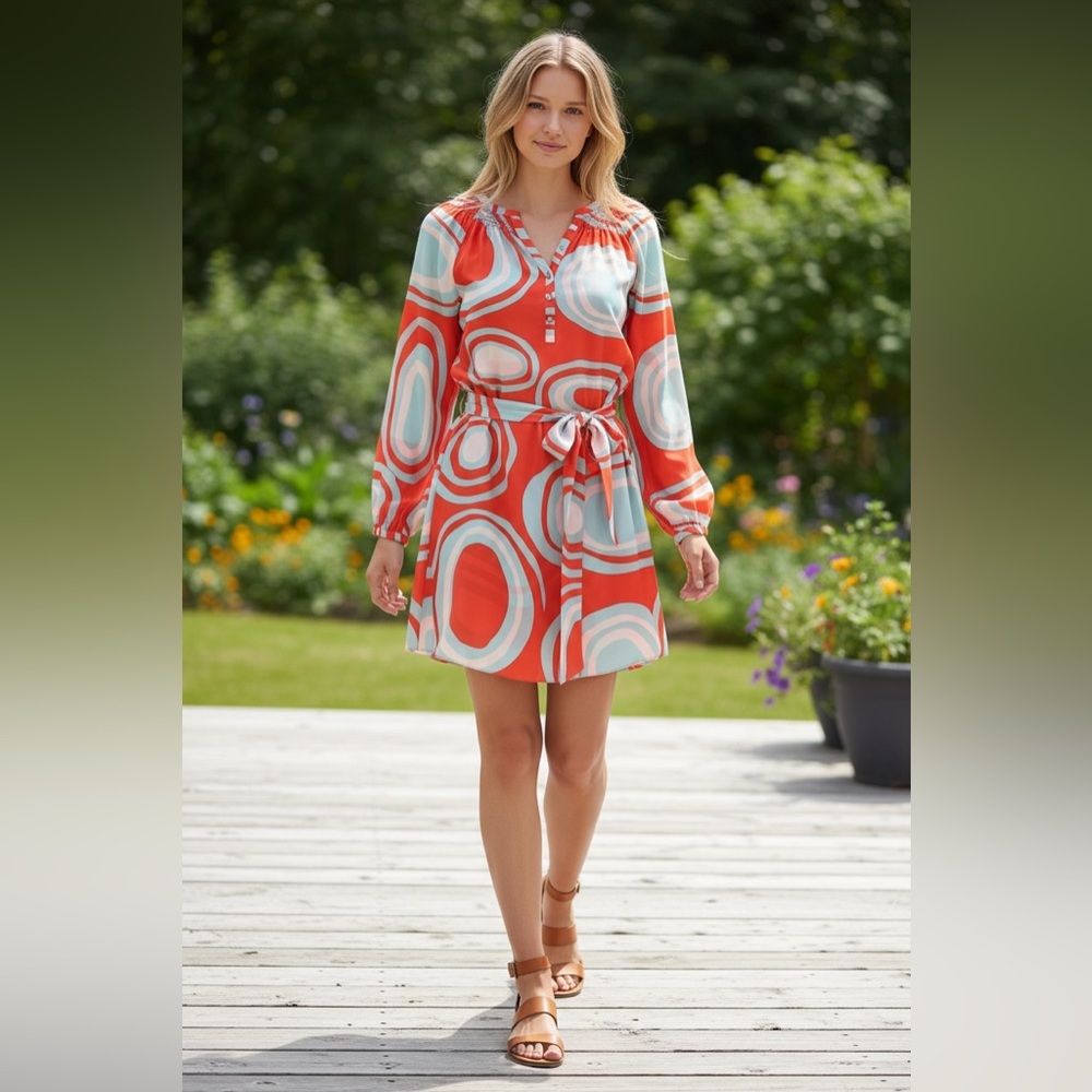 Banana Republic Orange Blue Retro Abstract Swirl Henley Mini Dress Size 2